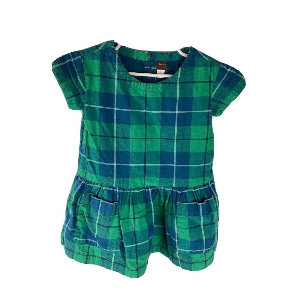 Tea Collection Girls A Line Dress Green Plaid‎ Button Keyhole Pockets Cotton 3